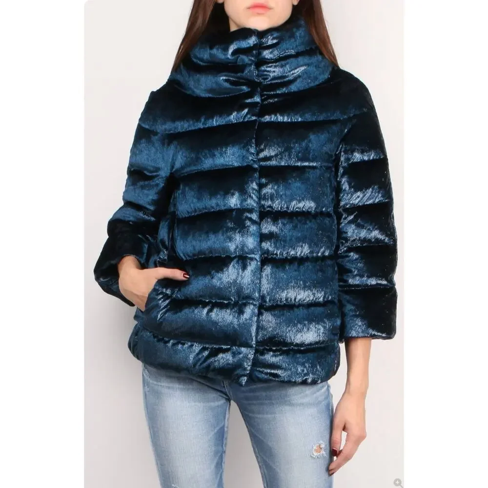 Herno Womens M Blue Down 3/4 Sleeve Puffer Jacket PI0861D Italian Designer Luxe
